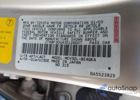 2003 Lexus Es 300 из США, поврежденный, VIN JTHBF30G430128007